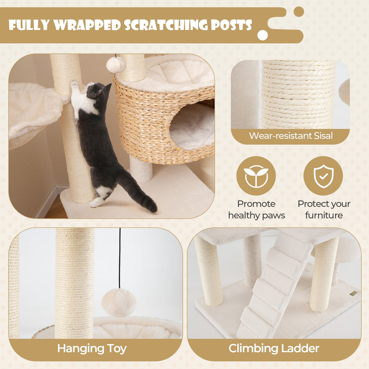 Árbol rascador moderno para gatos de interior con condominio de espadaña y percha superior - Natural