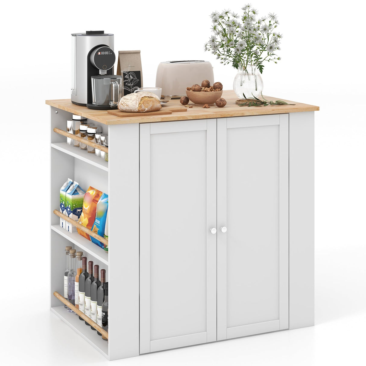 Isla de cocina moderna con encimera de madera de caucho y almacenaje - Blanca