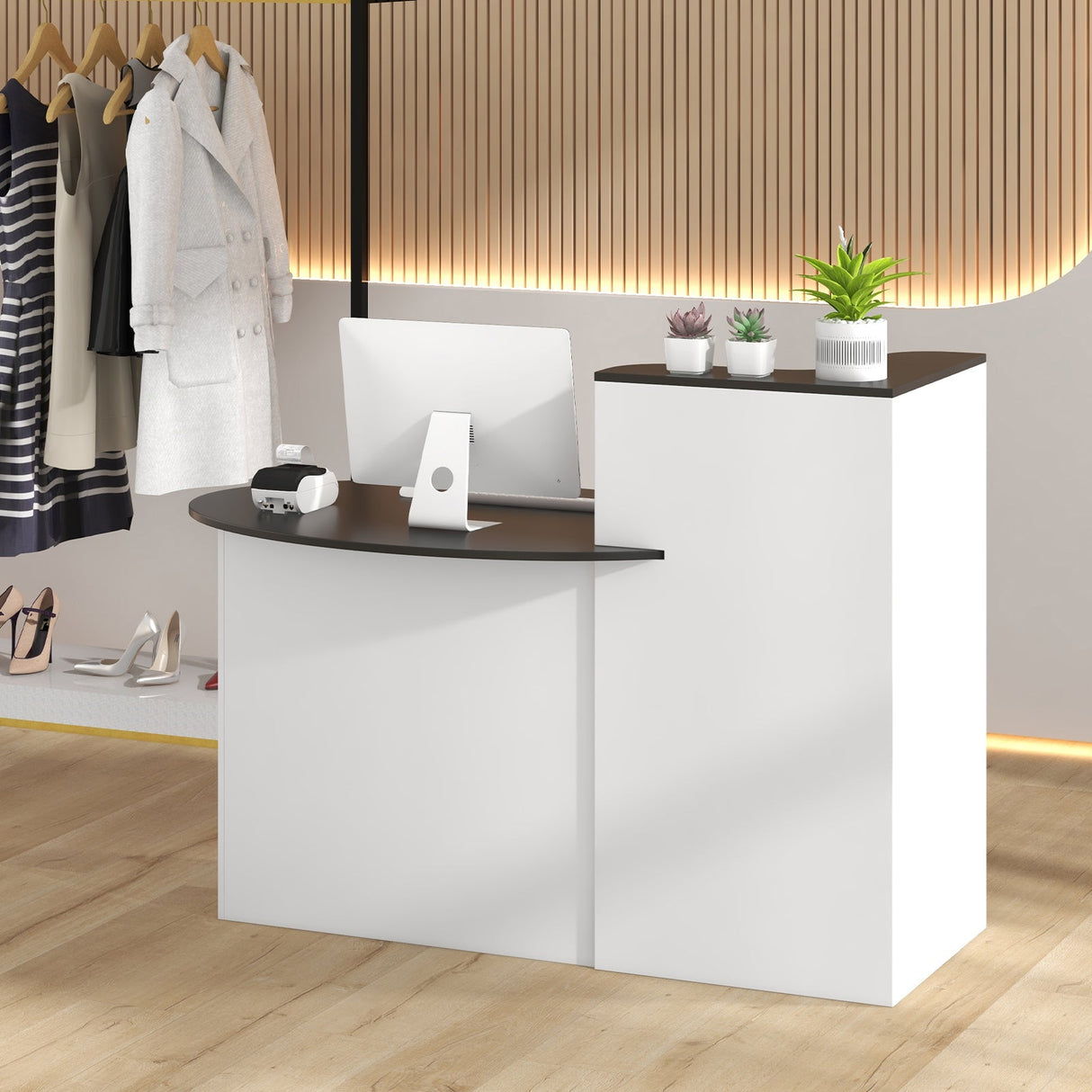 Mostrador de recepción moderno con tablero ovalado