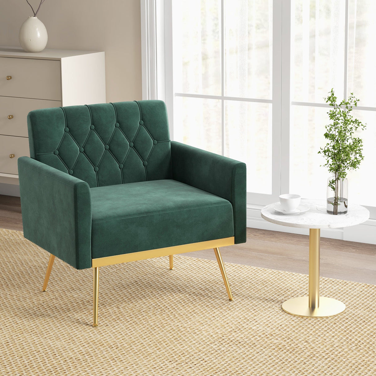 Sillón Moderno de Terciopelo con Respaldo Acolchado Botoné, Patas de Metal Doradas y Almohadillas Ajustables para los Pies