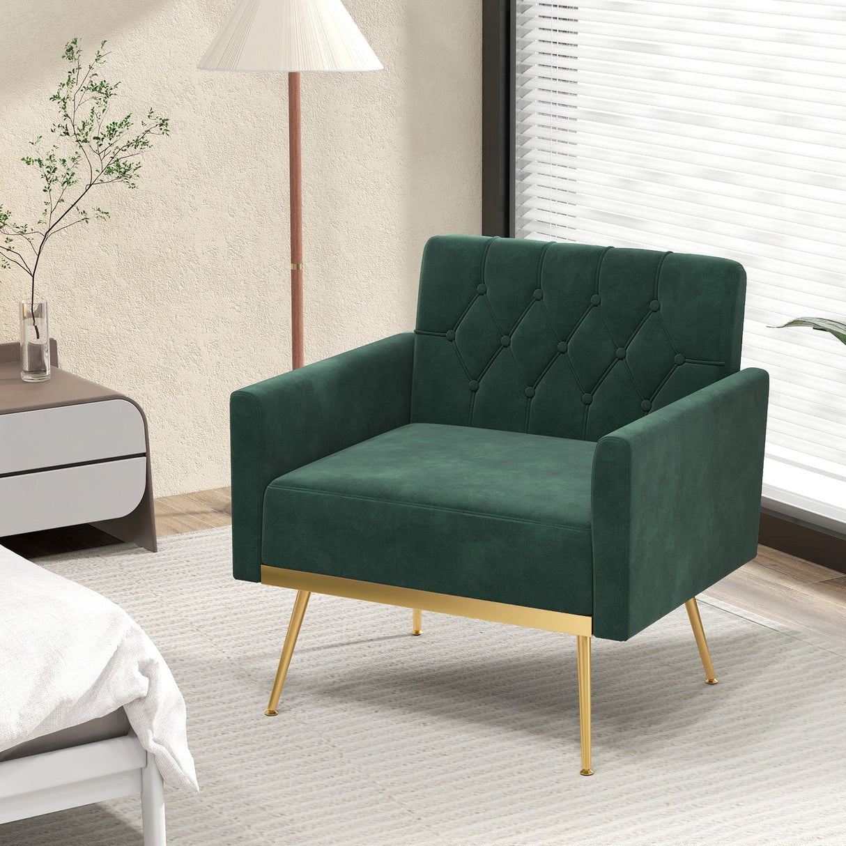 Sillón Moderno de Terciopelo con Respaldo Acolchado Botoné, Patas de Metal Doradas y Almohadillas Ajustables para los Pies