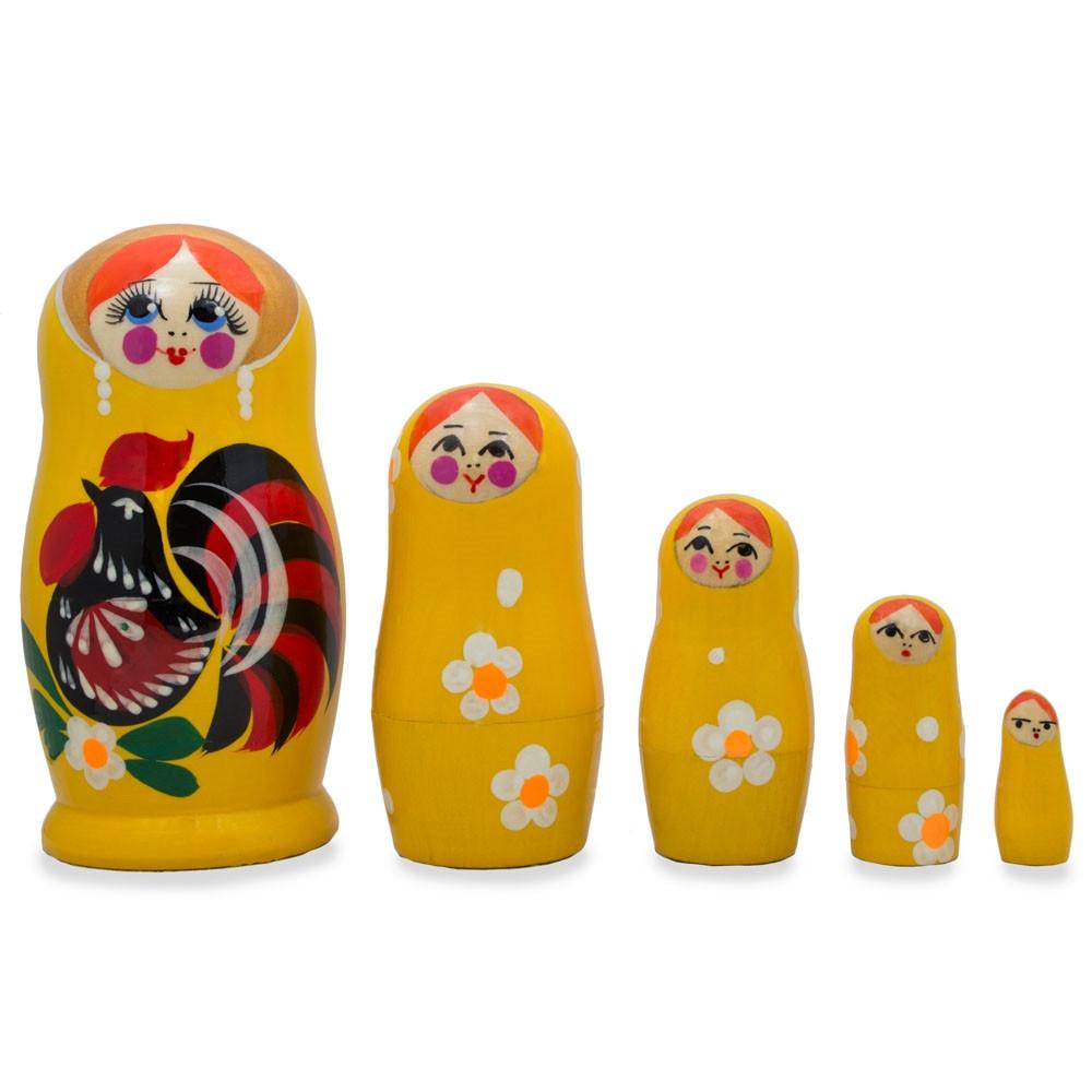 5 Rooster and Daisies Floral Wooden Nesting Dolls 4.5 Inches