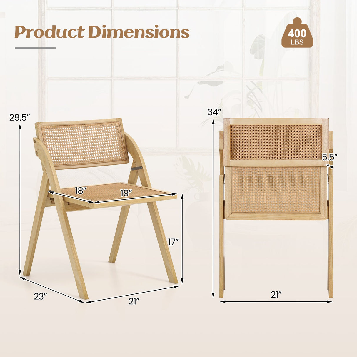 Foldable Dining Chairs Set of 2 with Woven Rattan Backrest