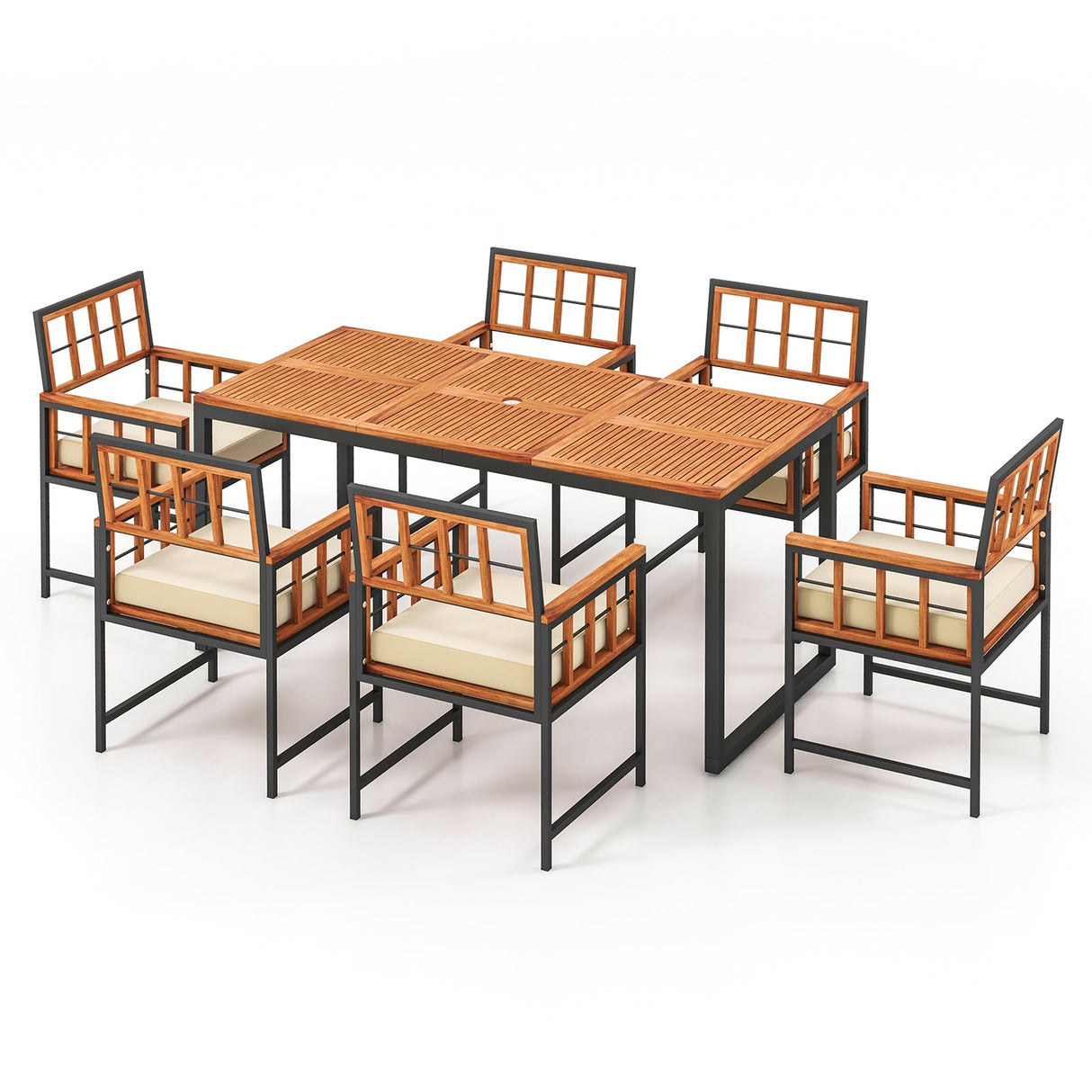 Juego de comedor de patio de madera de acacia de 7 piezas con cojines suaves y agujero para sombrilla - Natural