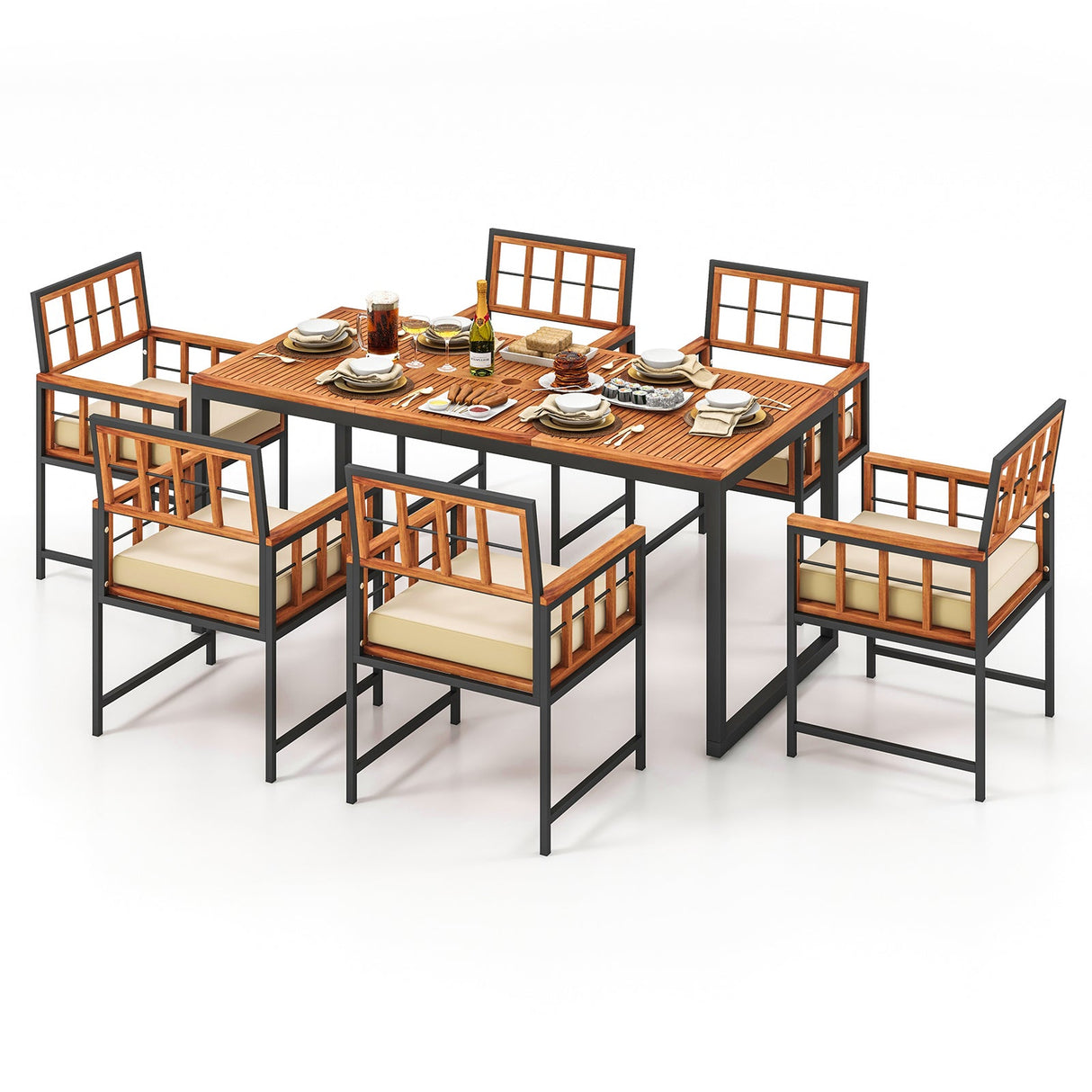 Juego de comedor de patio de madera de acacia de 7 piezas con cojines suaves y agujero para sombrilla - Natural