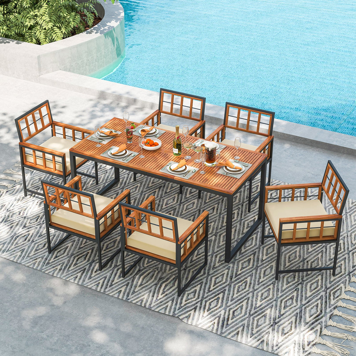 Juego de comedor de patio de madera de acacia de 7 piezas con cojines suaves y agujero para sombrilla - Natural