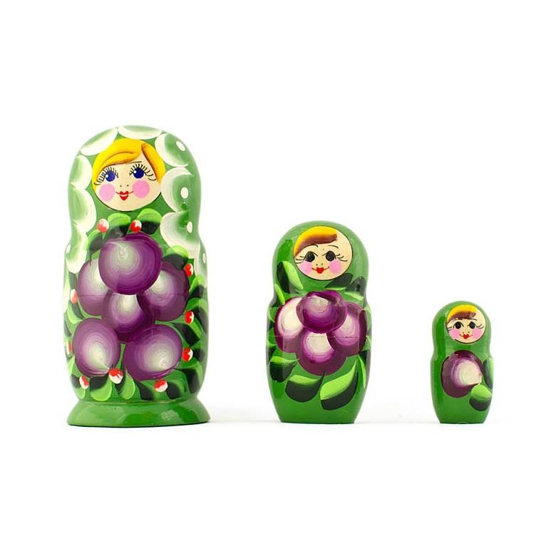 3 Daffodils Flowers on Green Dress Wooden Nesting Dolls 3.5 Inches