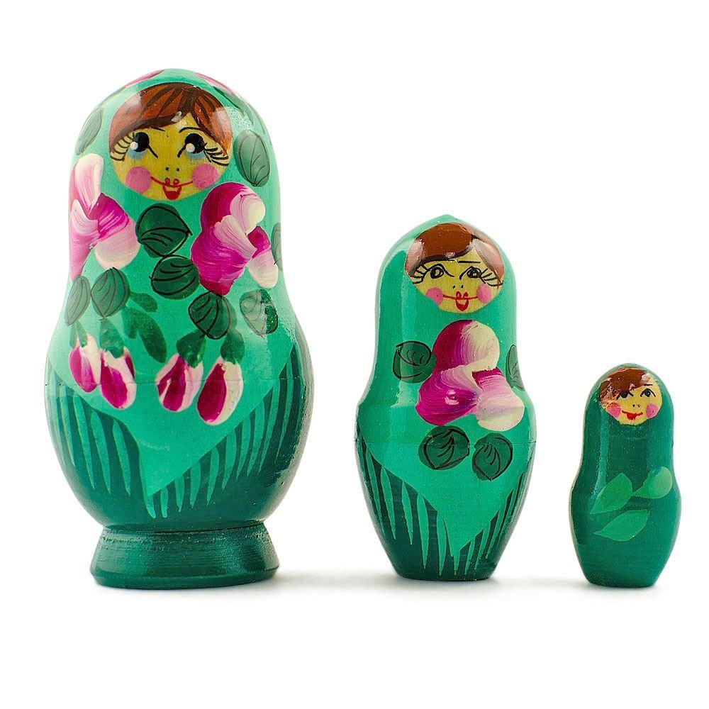 Set of 3 Deep Green Dress Wooden Nesting Dolls 3.5 Inches