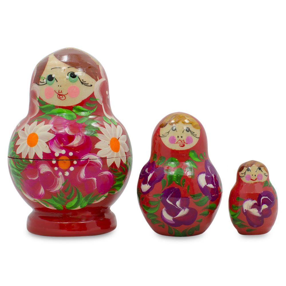 Set of 3 Floral Red Miniature Nesting Dolls 3.5 Inches