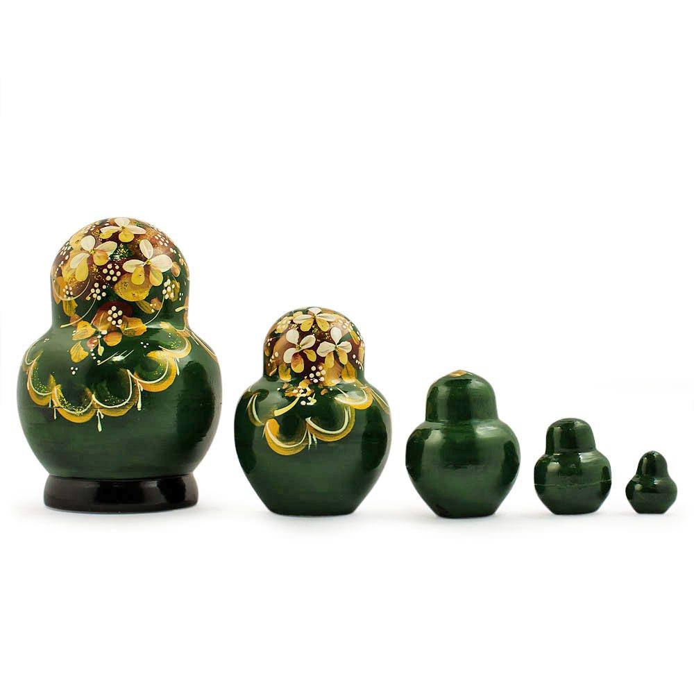 Set of 5 Golden Flowers on Red Dress Nesting Dolls 5 Inches