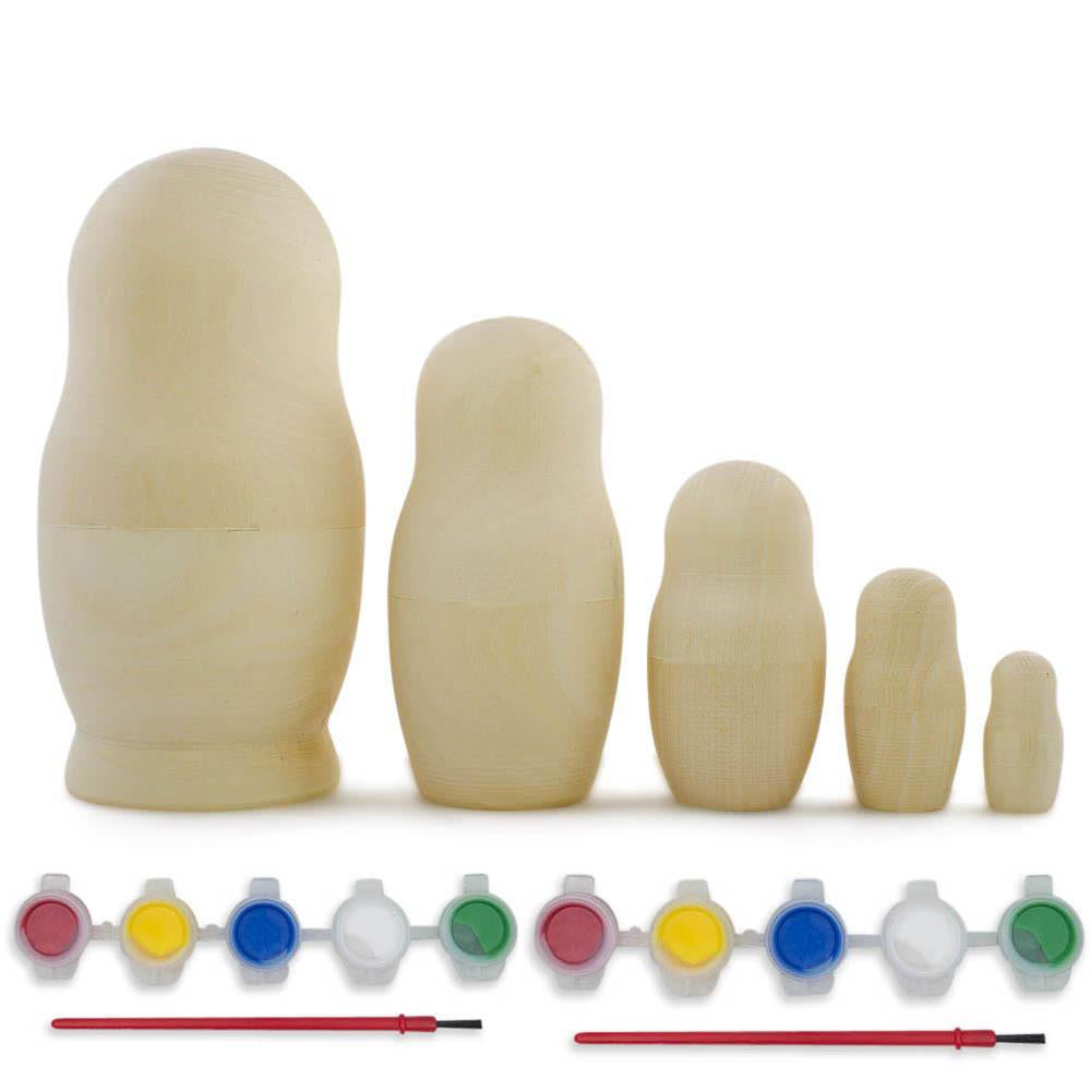 Set of 5 Unfinished Wooden Nesting Dolls with Paints DIY Craft Blanks for Painting 5.75 Inches