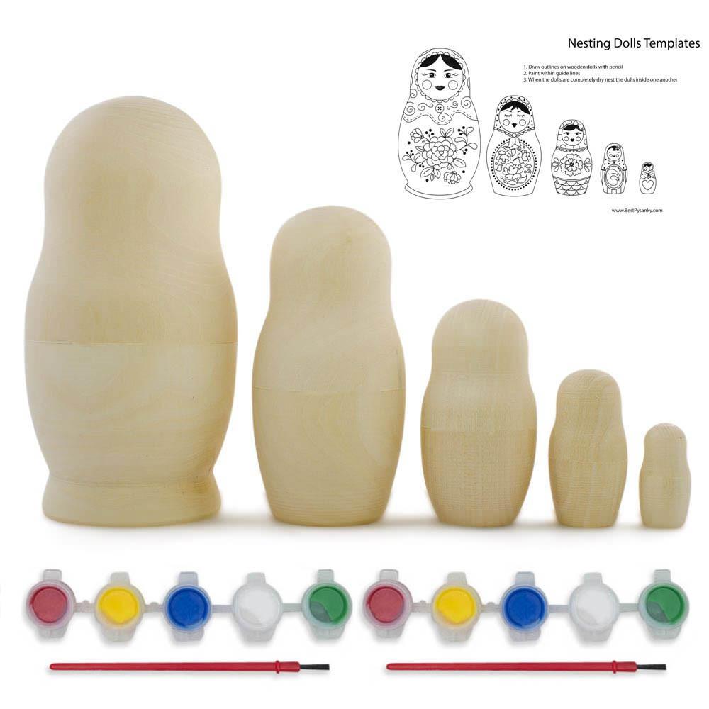 Set of 5 Unfinished Wooden Nesting Dolls with Paints DIY Craft Blanks for Painting 5.75 Inches