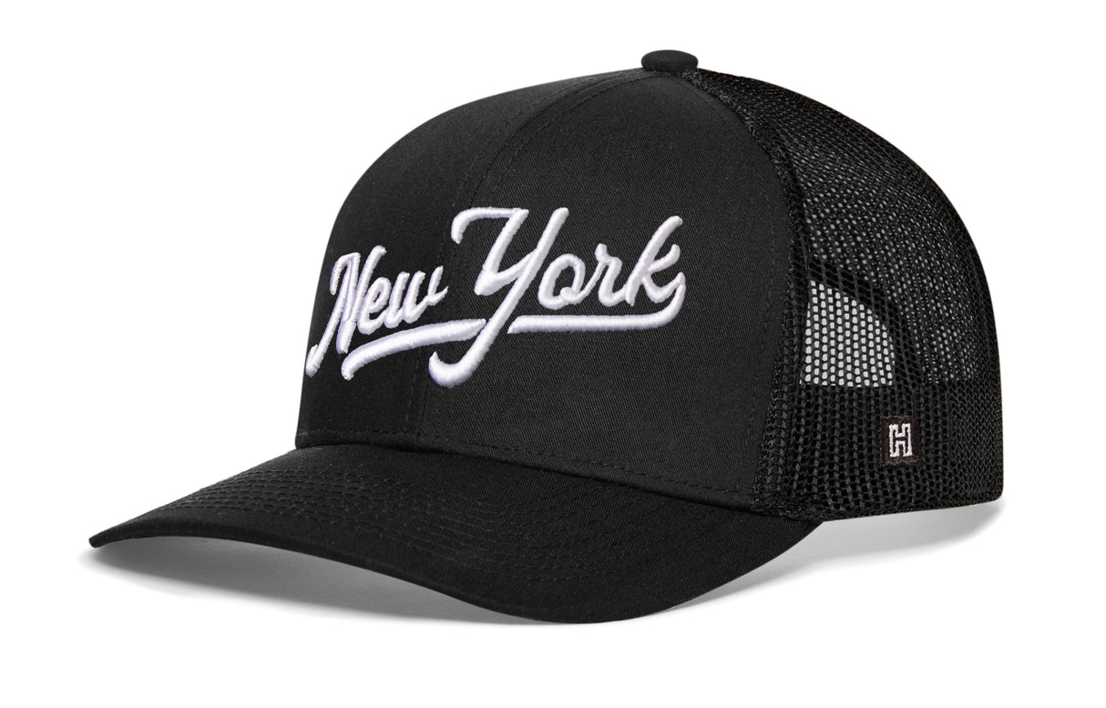 New York City White Script Trucker Hat | NY Snapback