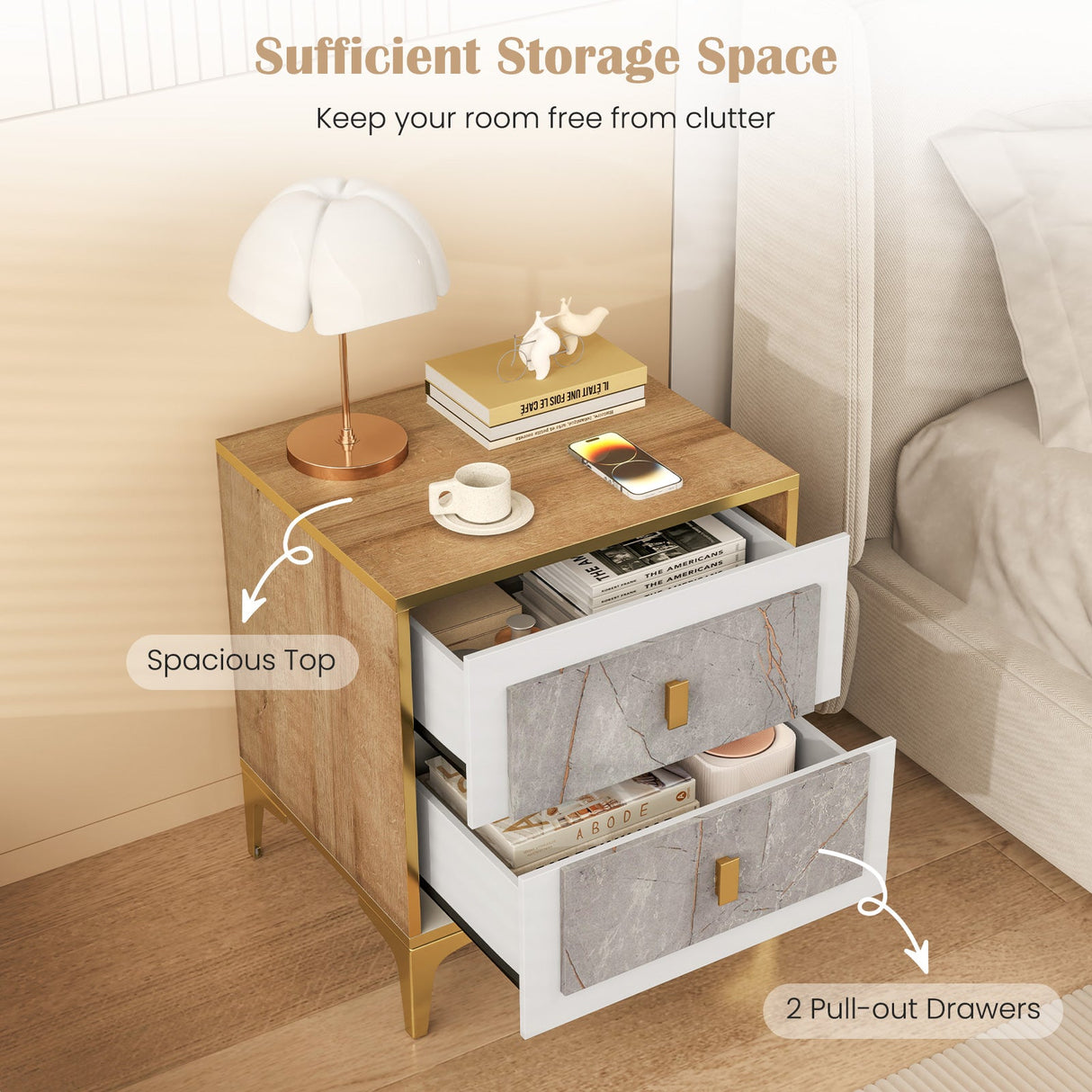 Mesa de Noche con 2 Cajones Extraíbles para Sala de Estar o Dormitorio