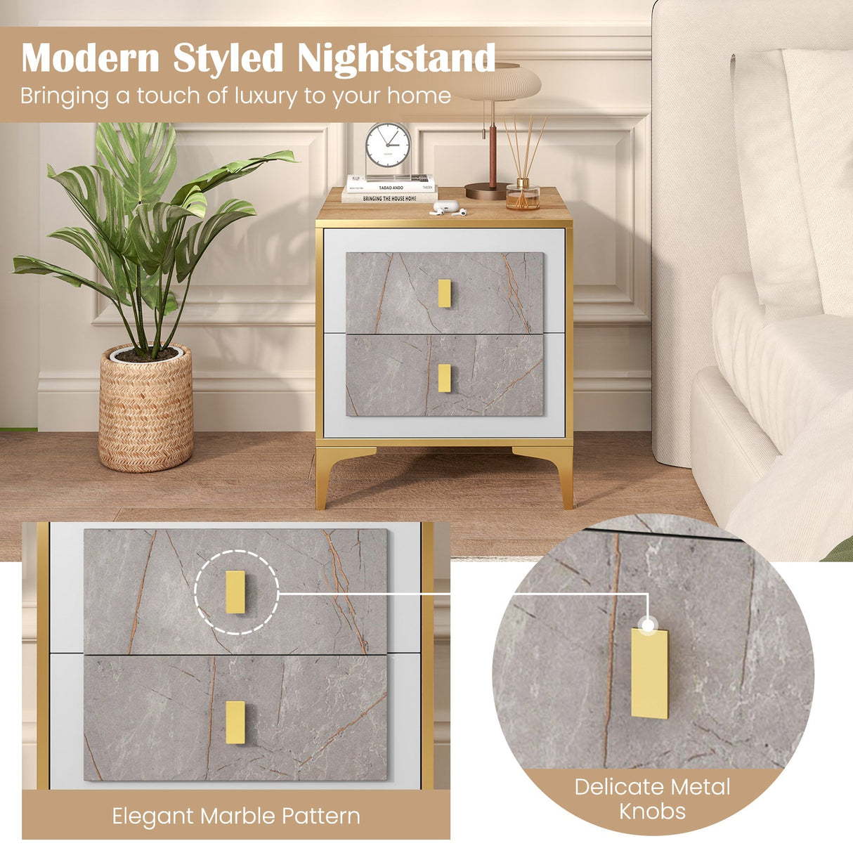 Mesa de Noche con 2 Cajones Extraíbles para Sala de Estar o Dormitorio