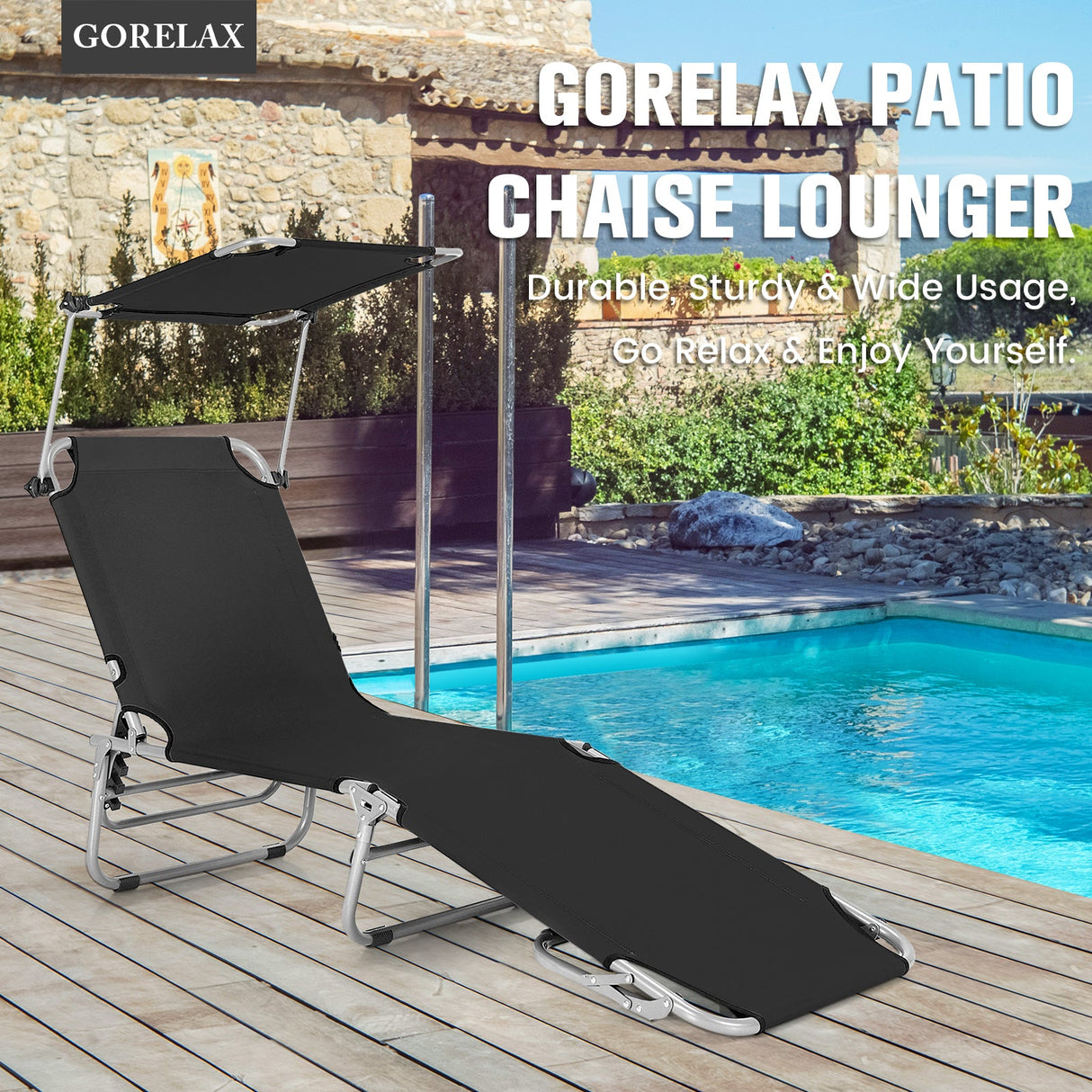 Tumbona reclinable ajustable para exteriores, playa, patio, piscina con parasol
