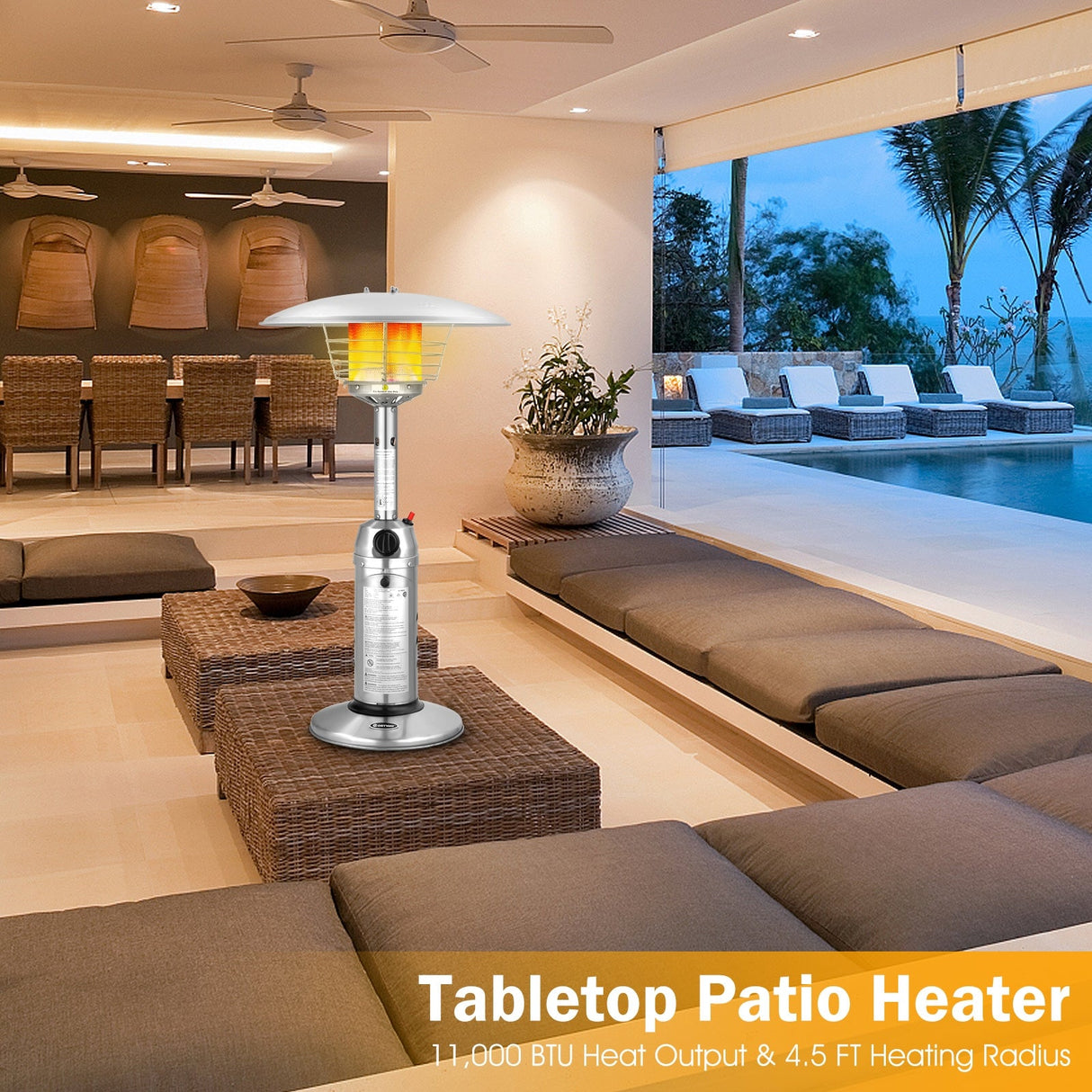 Calefactor de patio de pie portátil de mesa de propano de 11 000 BTU