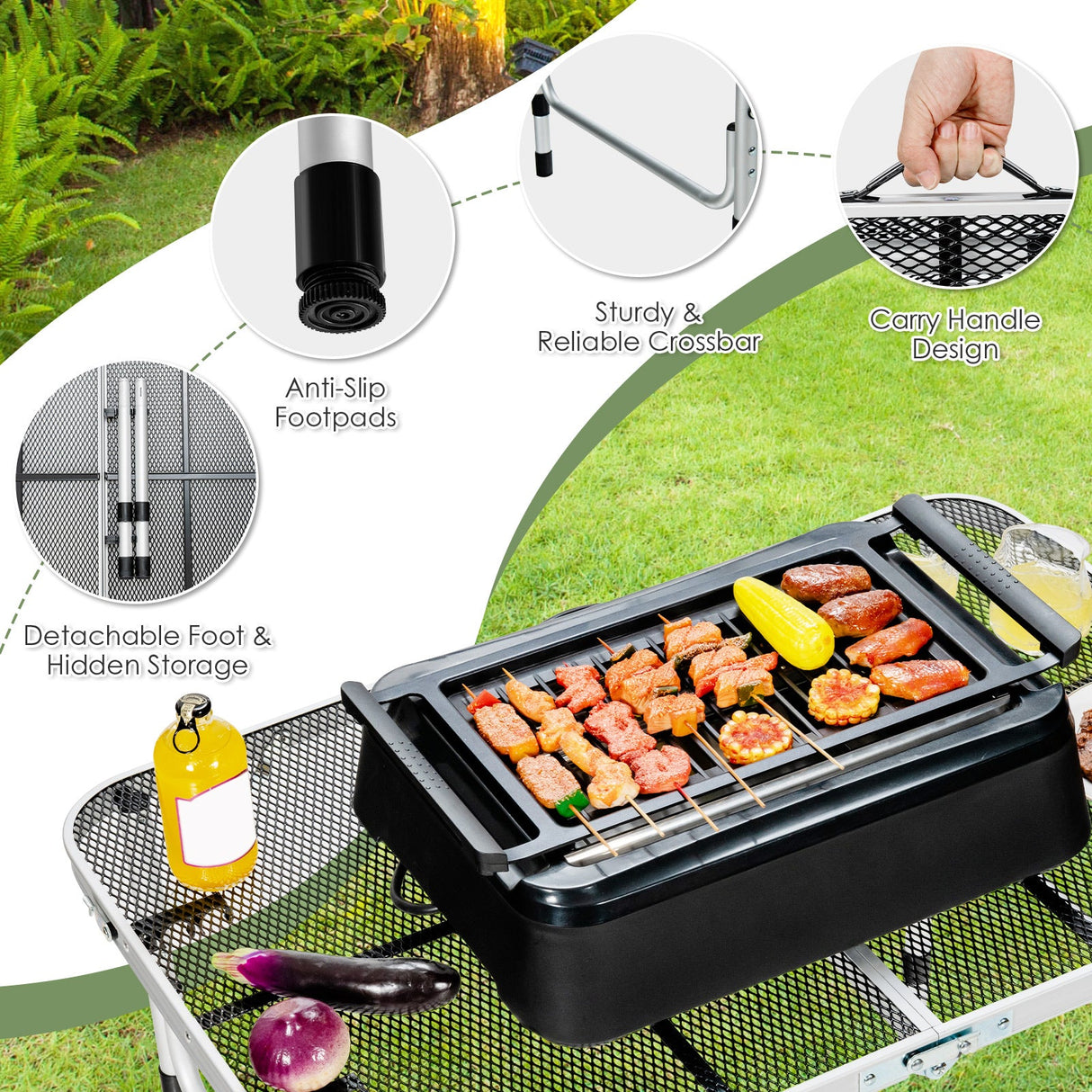 Mesa de aluminio para parrilla con superficie de rejilla de hierro - Plateada