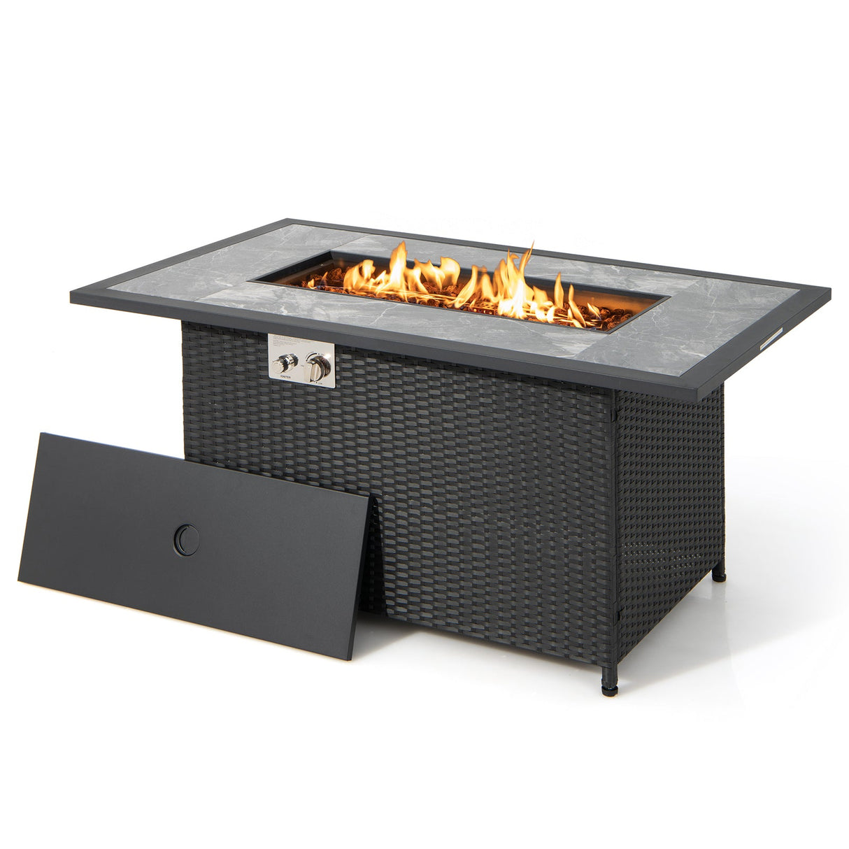 Mesa fogata de propano de mimbre de ratán de 52 pulgadas con cubierta de lluvia y roca de lava - Negra
