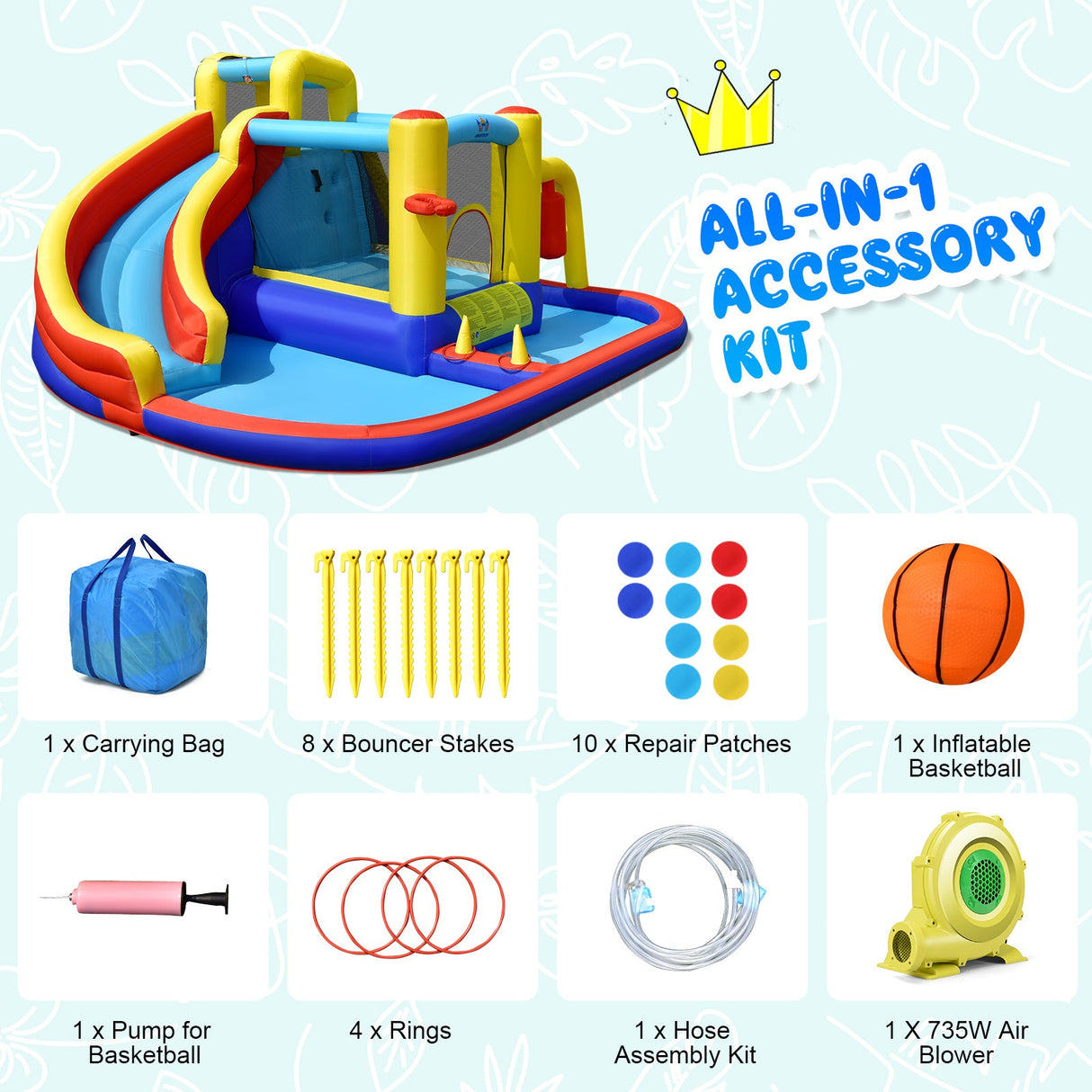 Tobogán acuático inflable 7 en 1 con soplador de aire de 735 W y piscina de salpicaduras