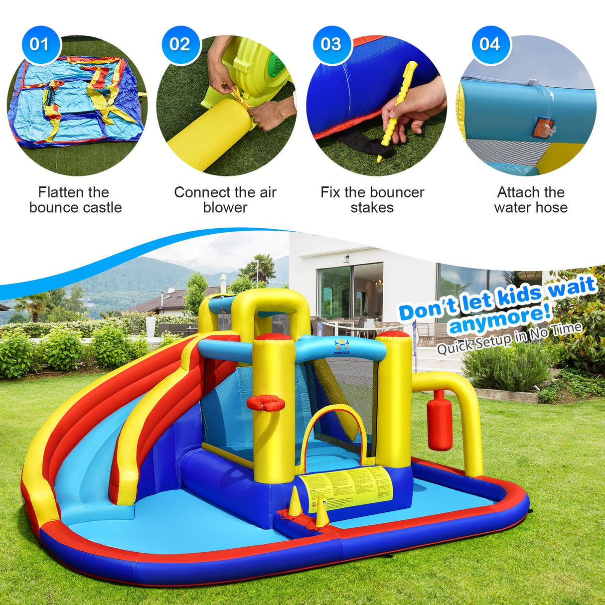 Tobogán acuático inflable 7 en 1 con soplador de aire de 735 W y piscina de salpicaduras