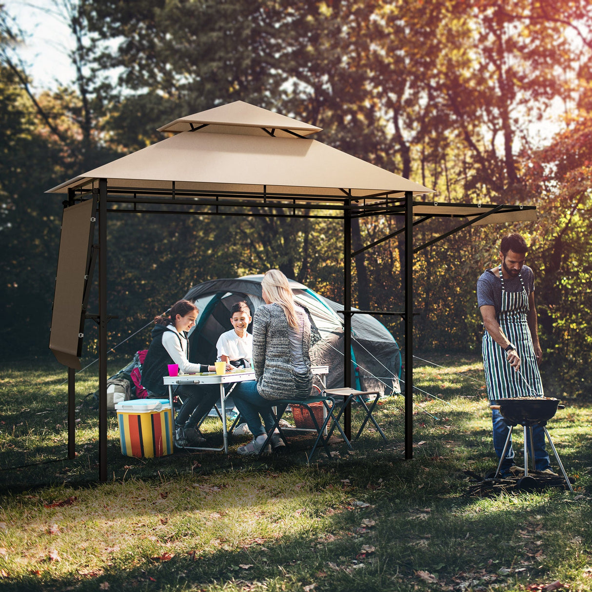 Cenador con toldo para barbacoa de 13.5 x 4 pies con toldos laterales dobles