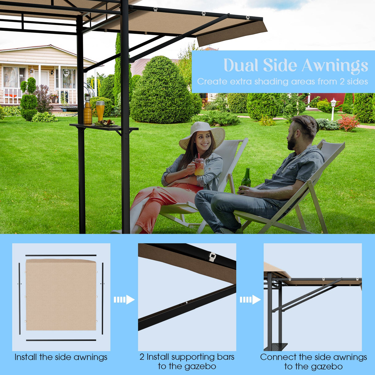 Cenador con toldo para barbacoa de 13.5 x 4 pies con toldos laterales dobles
