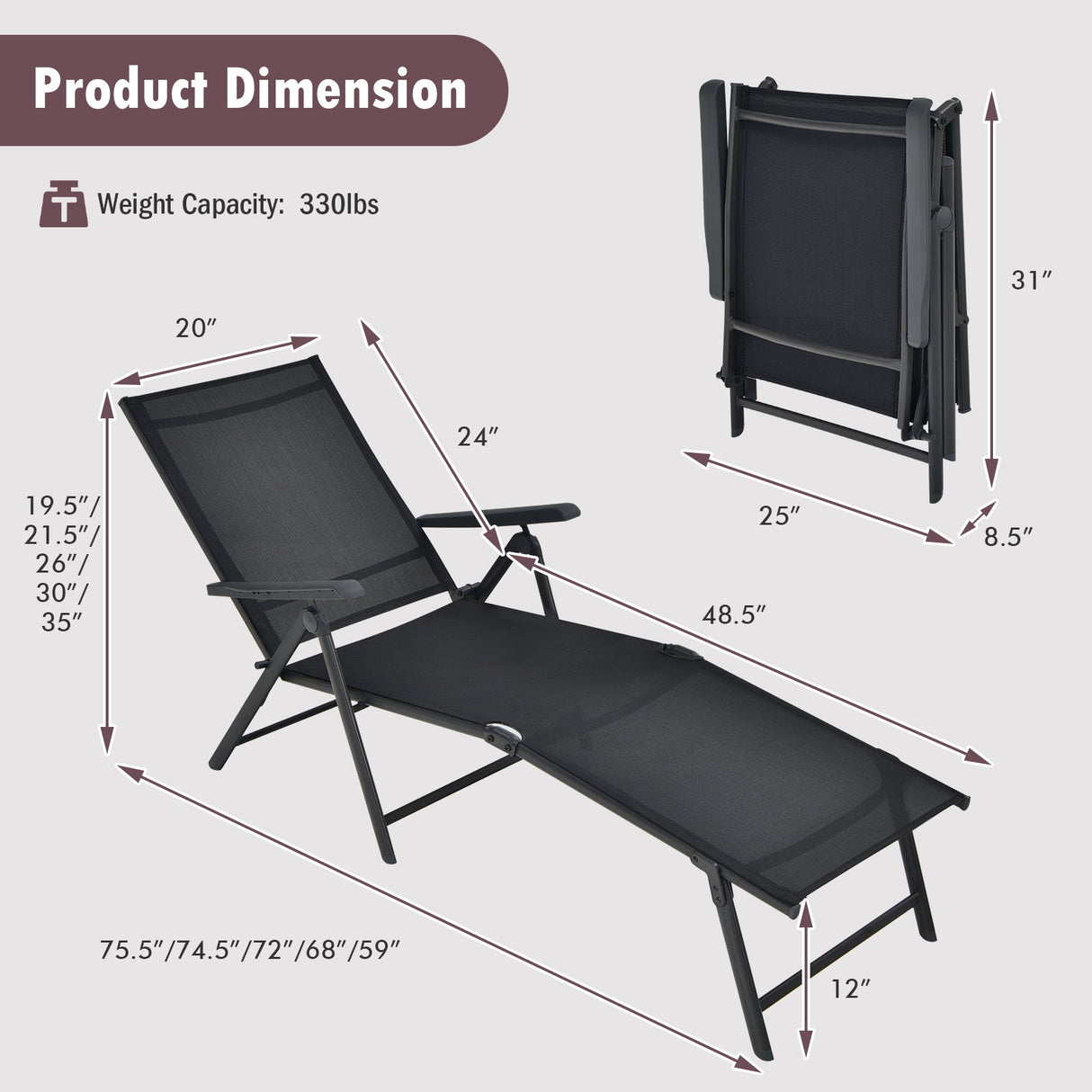 Tumbona plegable de patio con respaldo y reposapiés