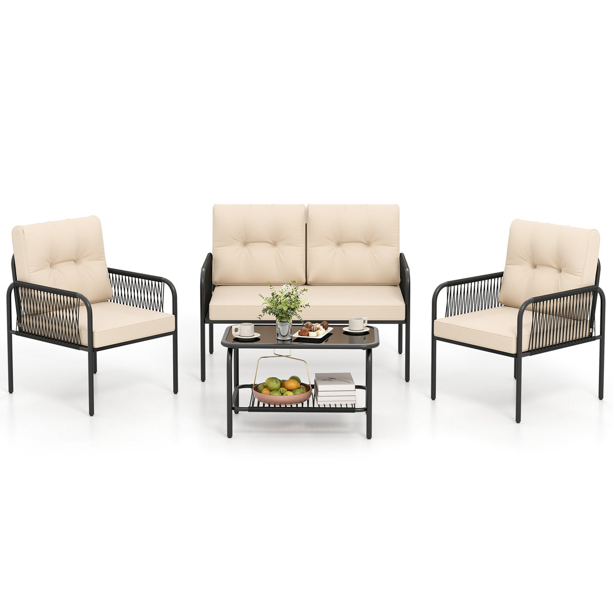Juego de muebles de patio de 4 piezas, sofá y sillas de mimbre PE con loveseat - Beige