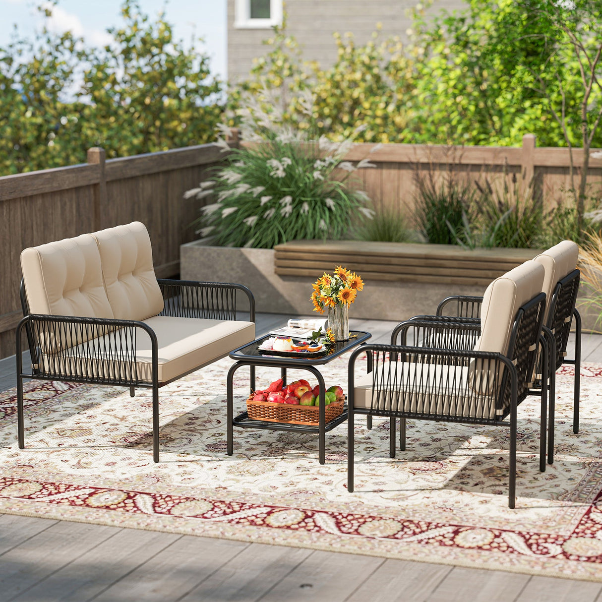 Juego de muebles de patio de 4 piezas, sofá y sillas de mimbre PE con loveseat - Beige
