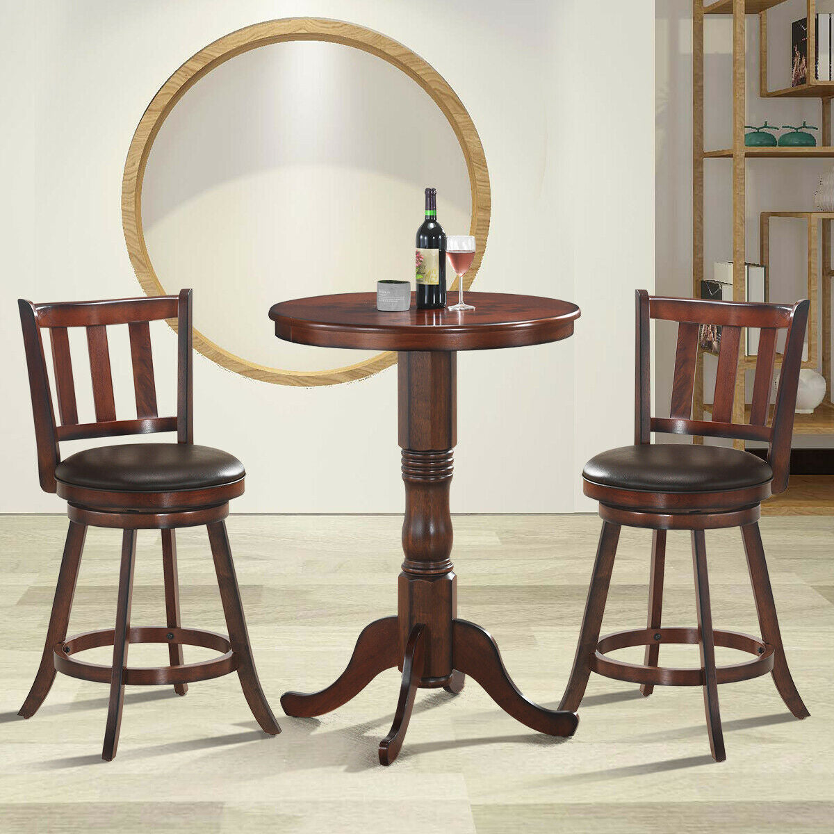 Juego de 2 Taburetes de Bar de Madera Giratorios 360 Grados a la Altura de la Encimera con Asiento Acolchado