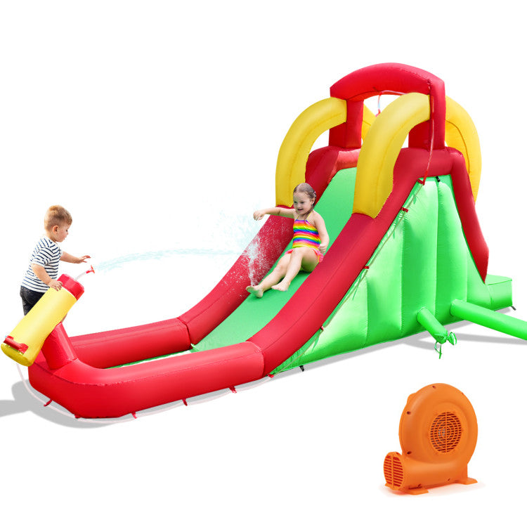 Tobogán hinchable con pared de escalada y zona de salto con soplador de 550W