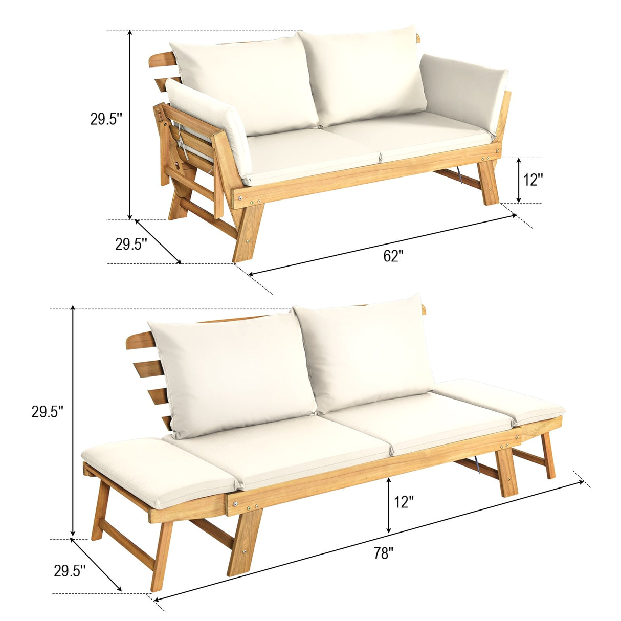Sofá cama convertible para patio con cojín grueso