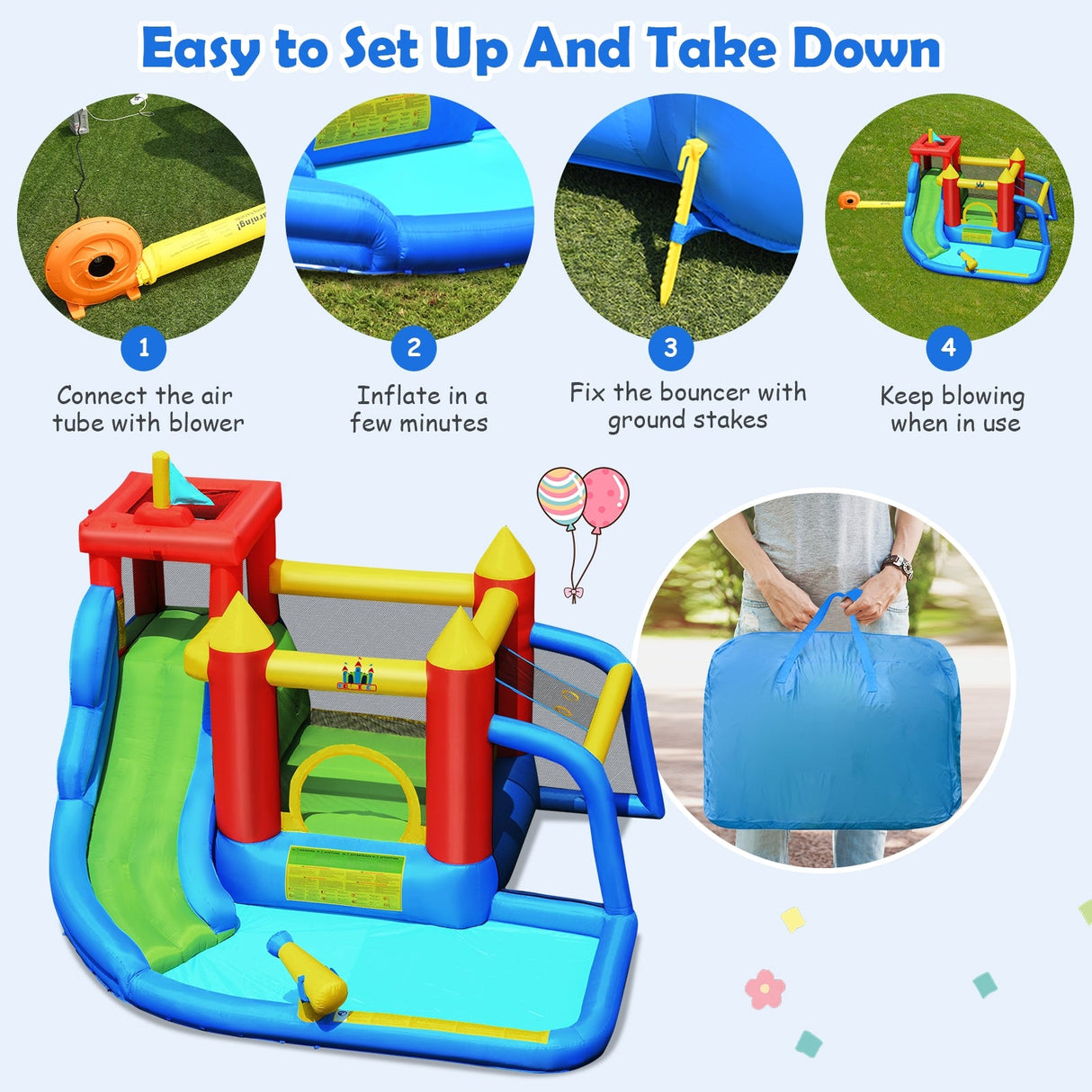 Piscina inflable con tobogán acuático para escalar y soplador incluidos