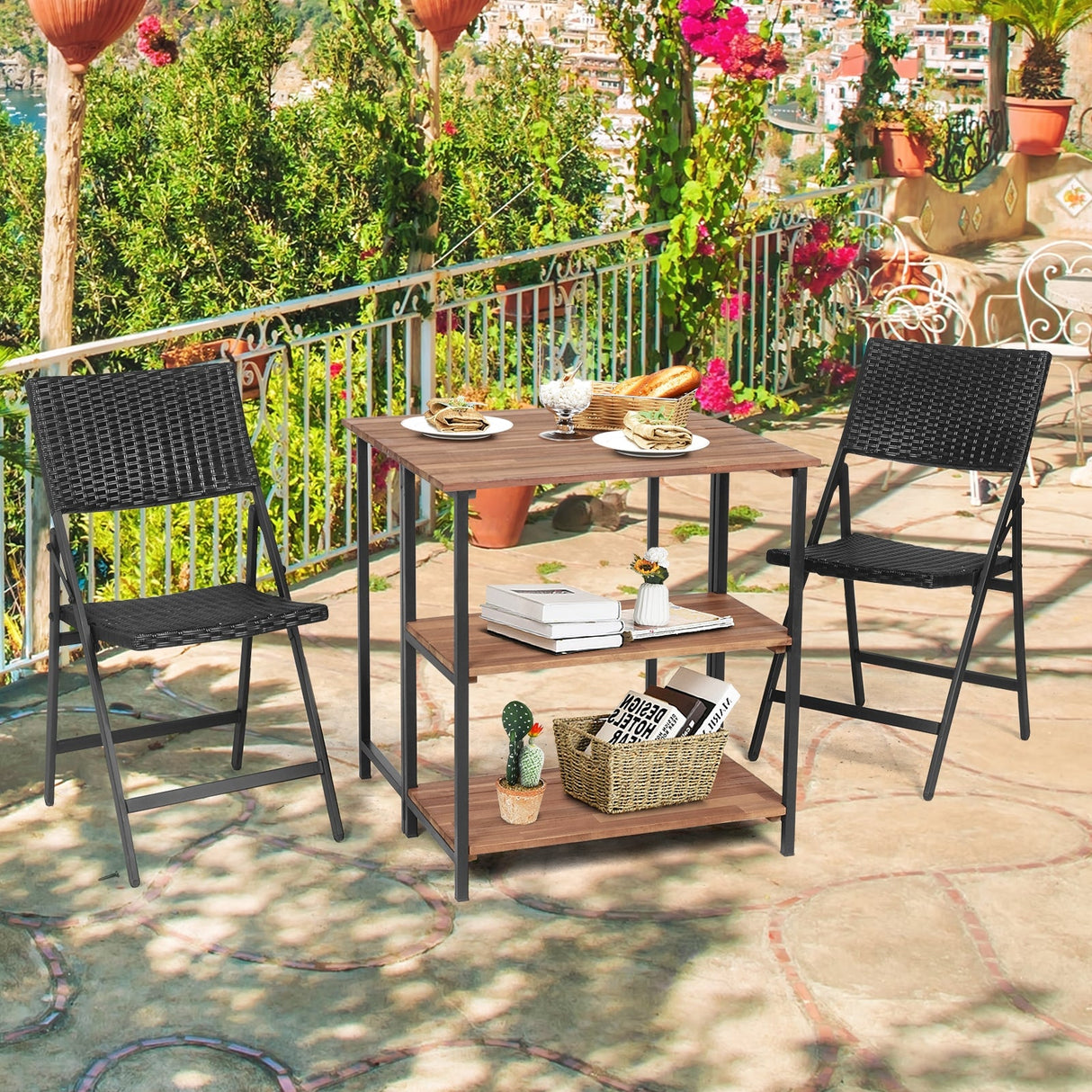 Mesa de comedor plegable de acacia con estantes de almacenamiento para patio