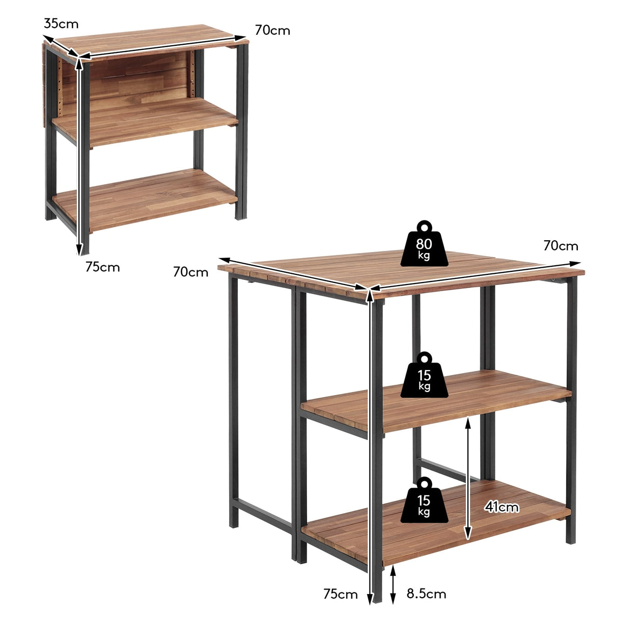 Mesa de comedor plegable de acacia con estantes de almacenamiento para patio