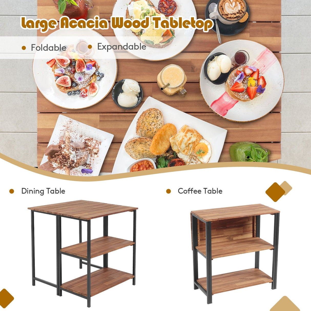 Mesa de comedor plegable de acacia con estantes de almacenamiento para patio