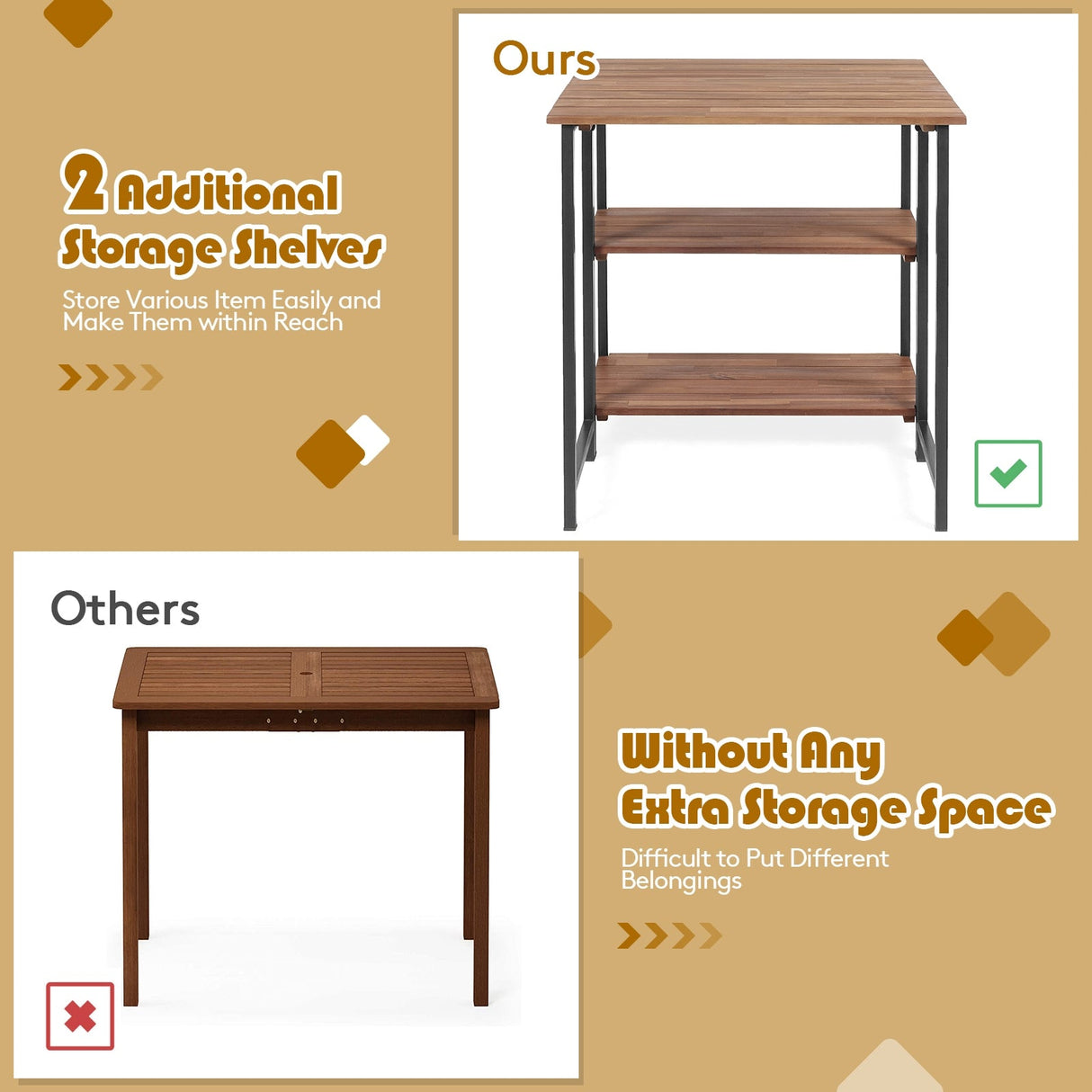Mesa de comedor plegable de acacia con estantes de almacenamiento para patio
