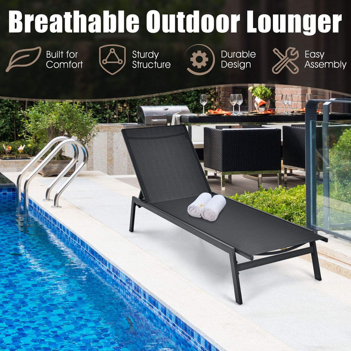 Outdoor Reclining Chaise Lounge Chair with 6-Position Adjustable Back
