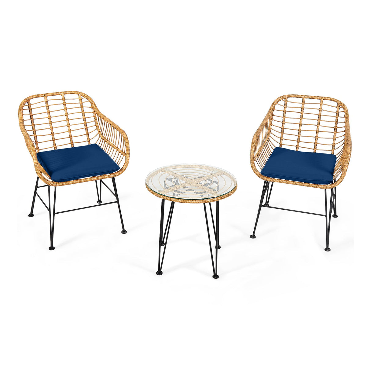 Juego de 3 Muebles de Ratán con Mesa y Sillas Acolchadas