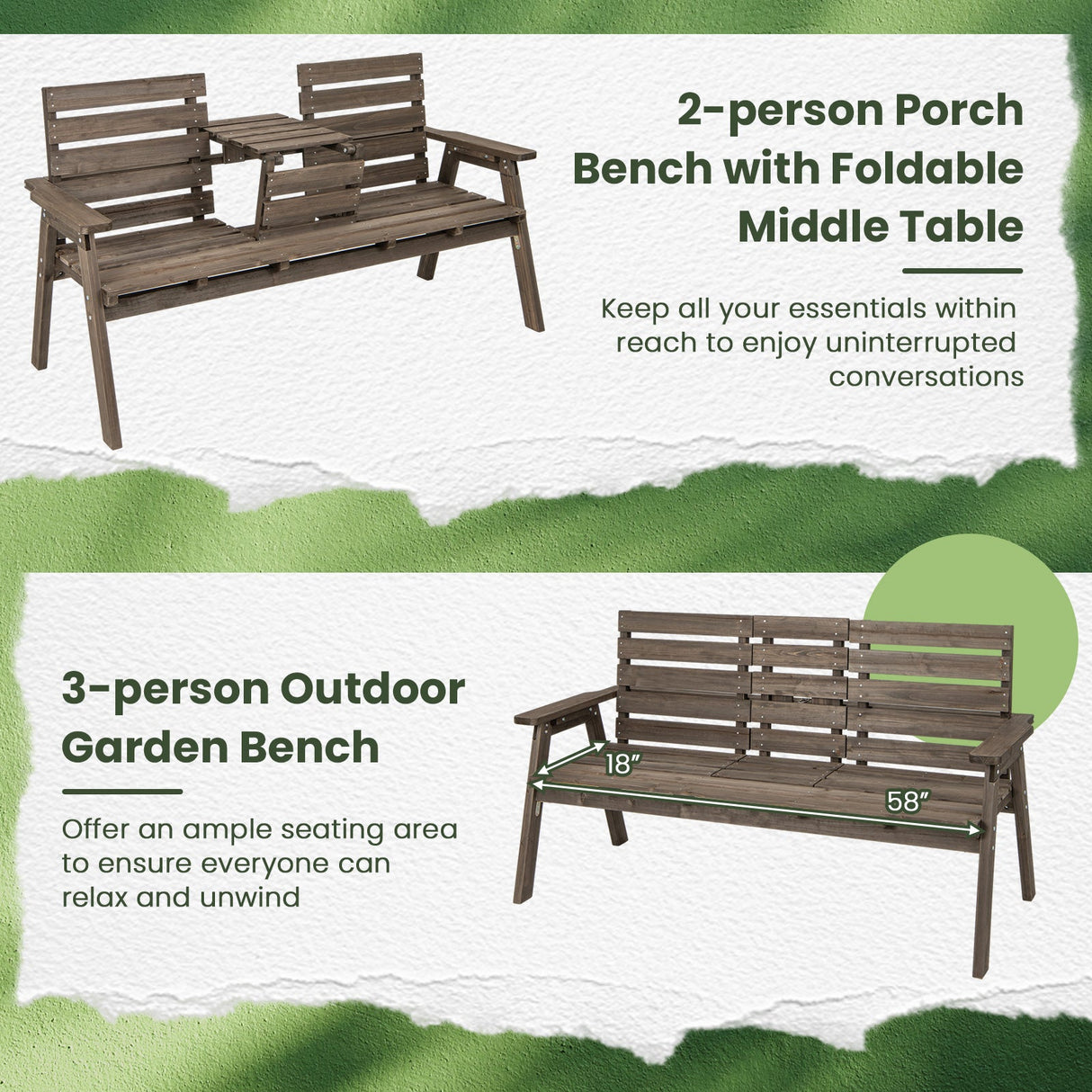 Banco de abeto para exteriores con mesa central plegable