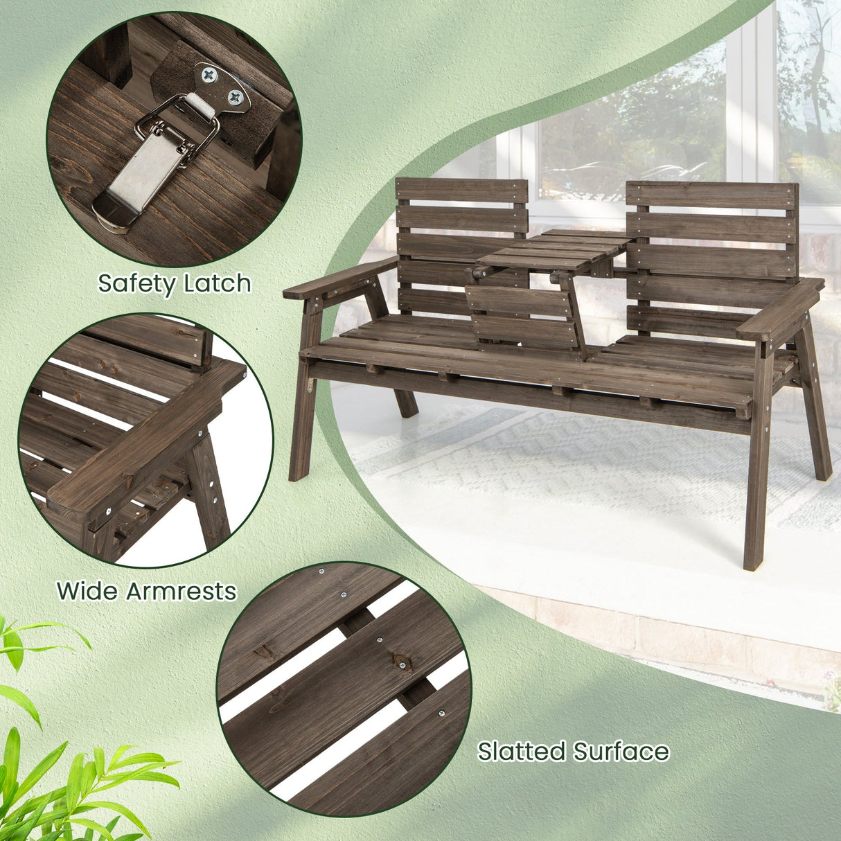 Banco de abeto para exteriores con mesa central plegable