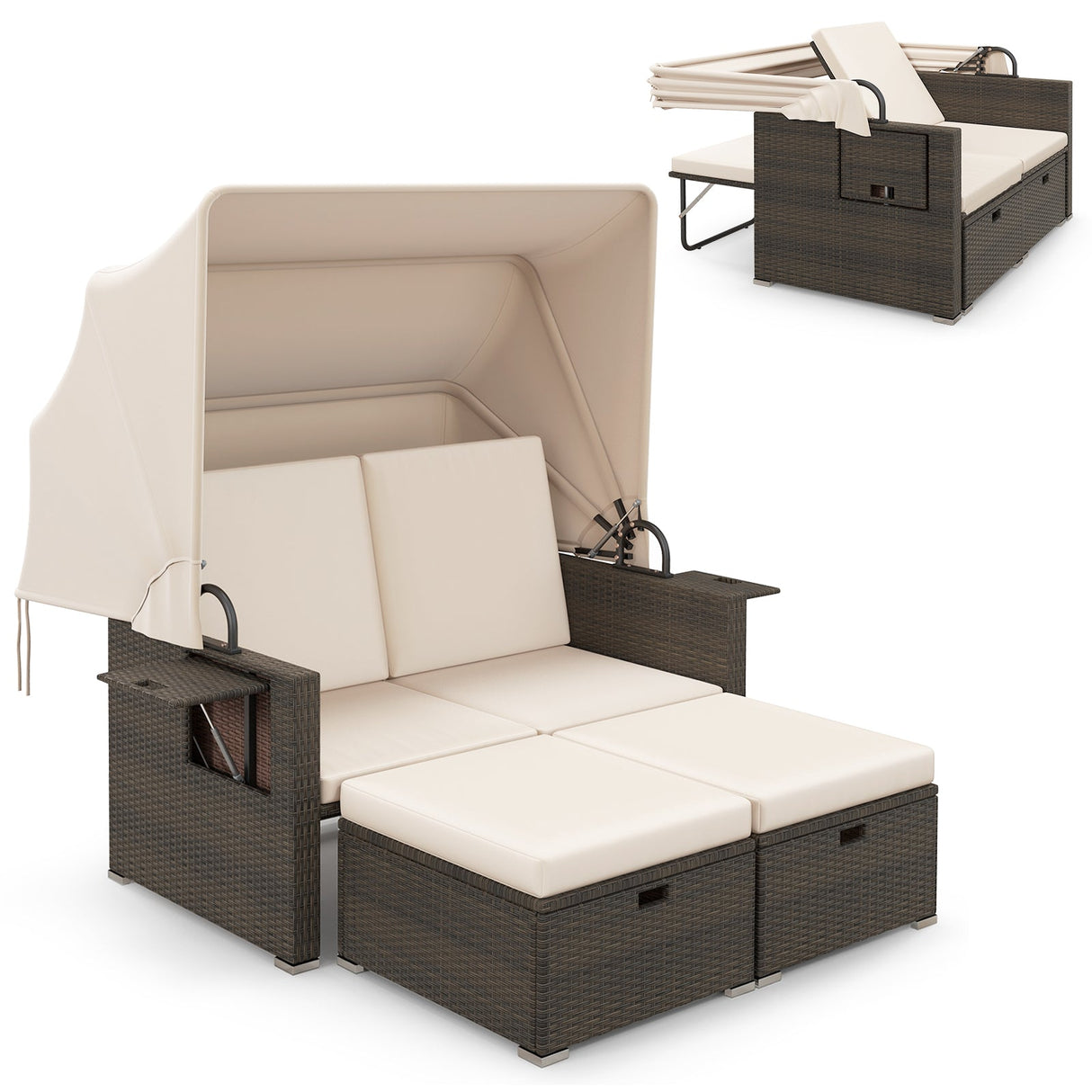 Cama de día de mimbre para patio exterior con toldo retráctil y respaldos ajustables
