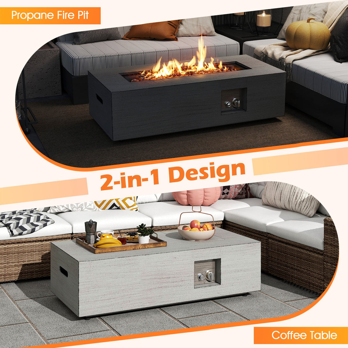 Mesa de fuego rectangular para exteriores de 42 pulgadas y 50 000 BTU con soporte para tanque