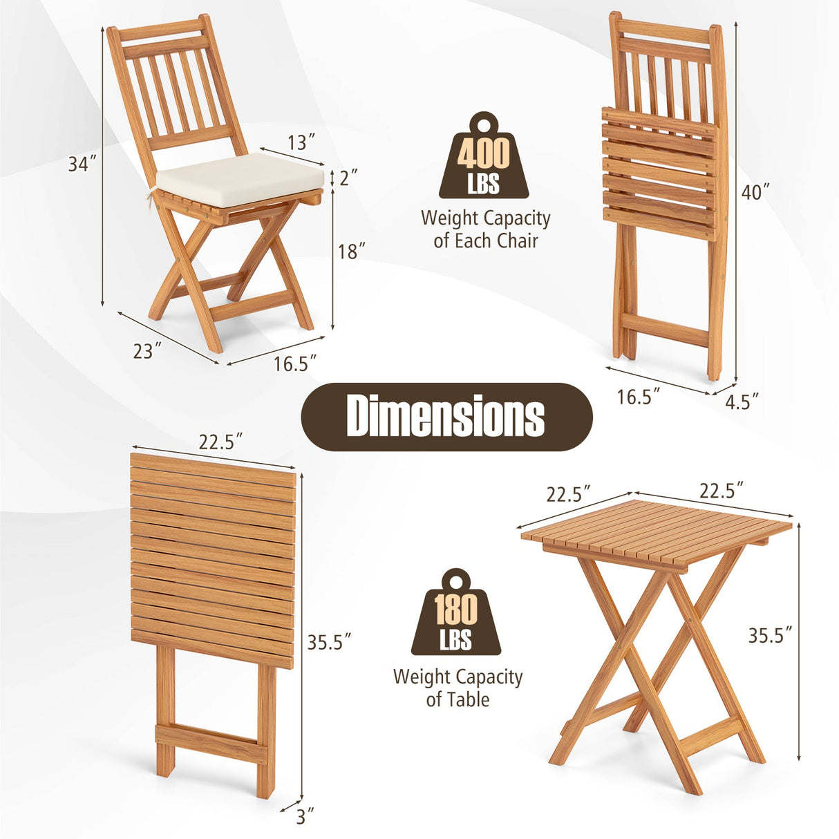 Juego de bistró de madera para exteriores con cojines de asiento suaves y mesa - Blanco