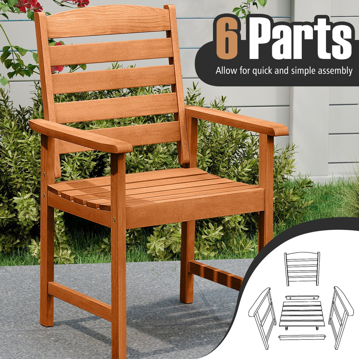 Sillas de comedor de madera para exterior con respaldos inclinados y asientos de listones