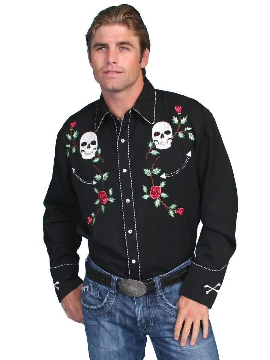 Camisa Western para Hombre Scully con Bordado de Calavera y Rosa