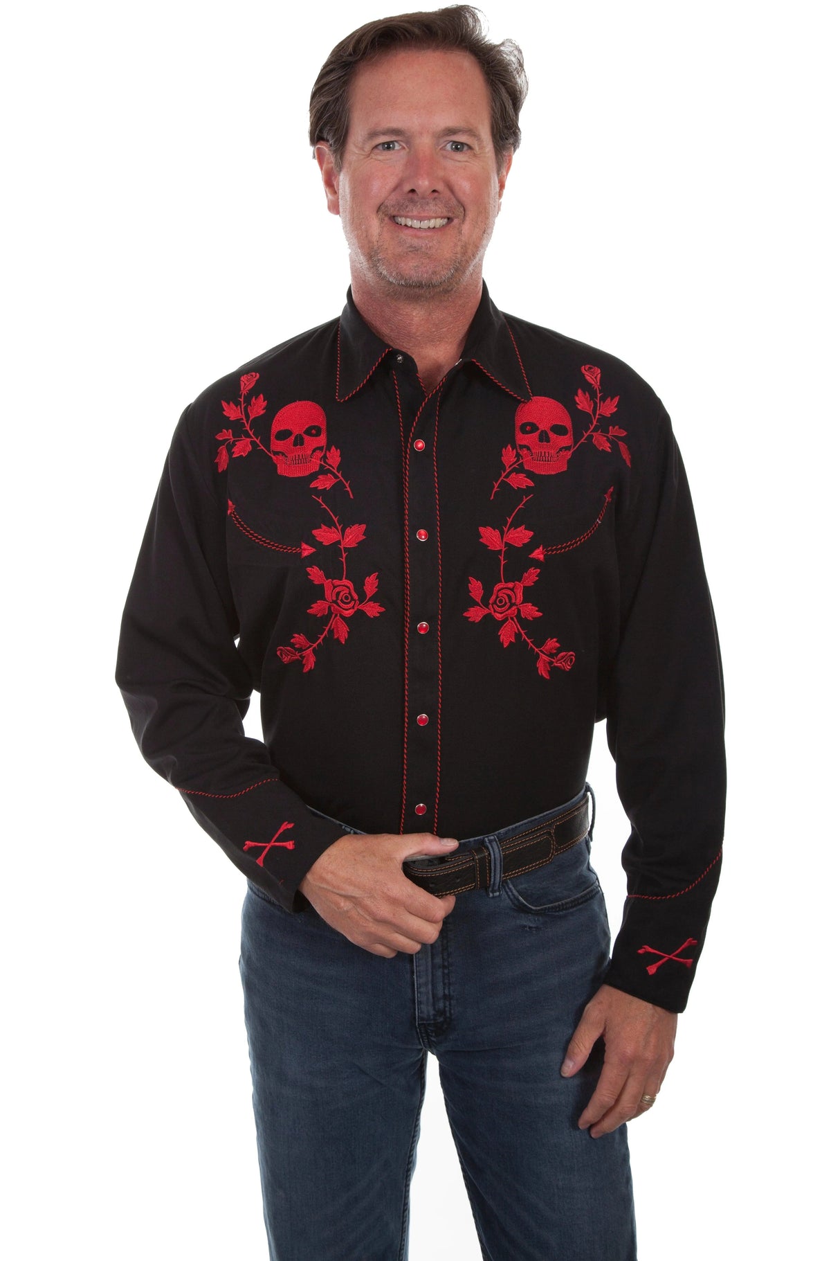 Camisa Western para Hombre Scully con Bordado de Calavera y Rosa