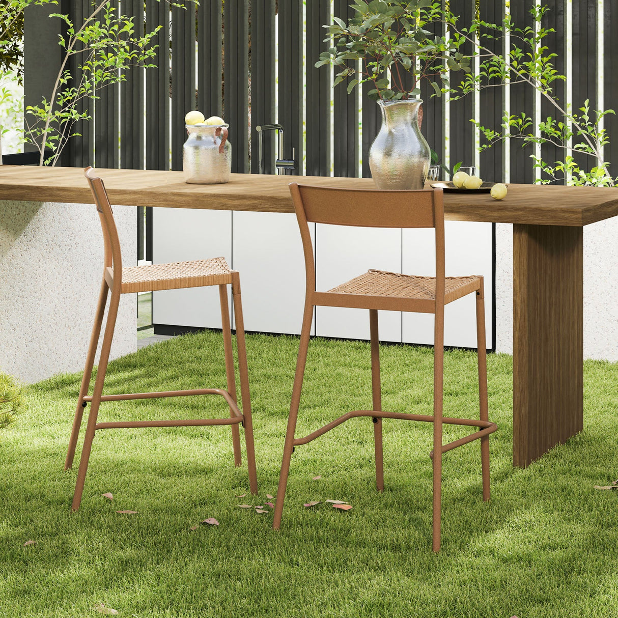 Taburetes de bar para patio, juego de 4 con asiento de ratán y respaldo de metal - Marrón claro