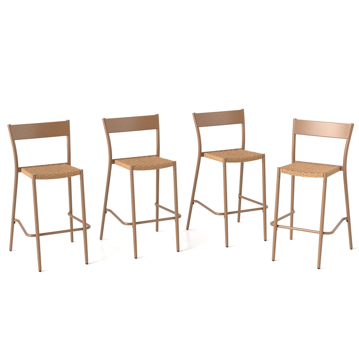 Taburetes de bar para patio, juego de 4 con asiento de ratán y respaldo de metal - Marrón claro